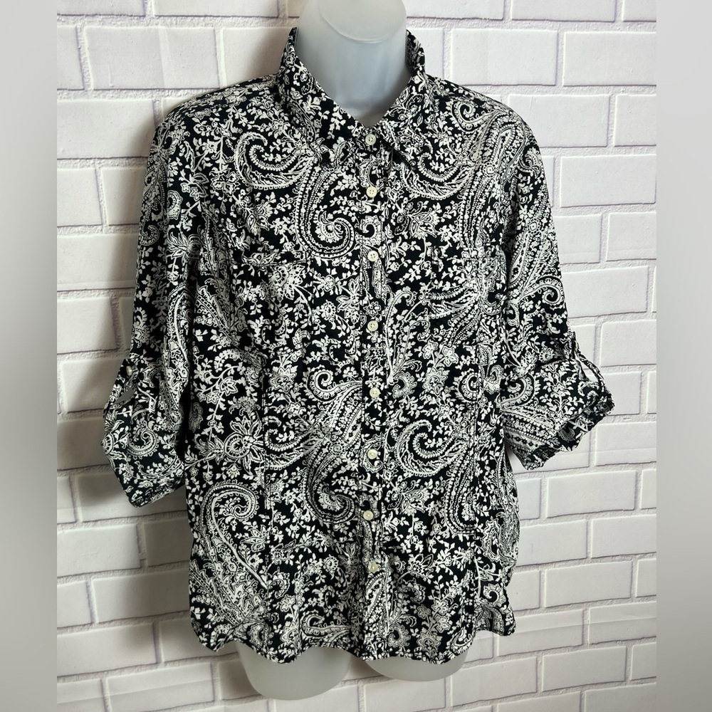 TOMMY HILFIGER Black and White Paisley Button-Up Shirt/size L